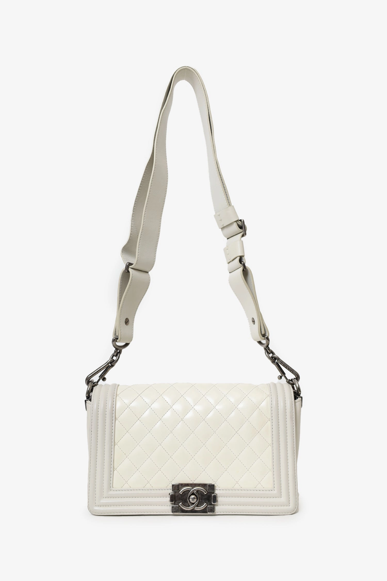 Pre-Loved Chanel 2012 Limited Edition White Leather Medium Boy Bag with Metal Strap