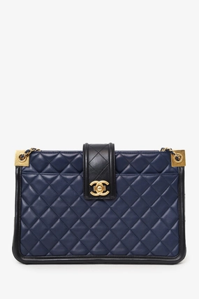 Pre-Loved Chanel 2014-15 Navy/Black Quilted Lambskin Elegant Tote
