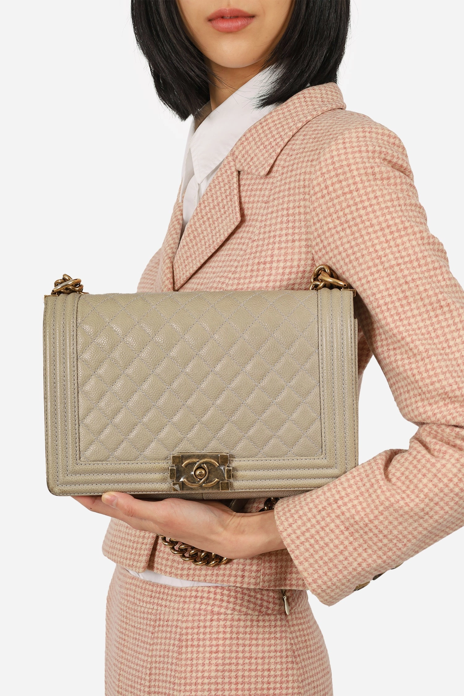 Pre-Loved Chanel 2014 Taupe Caviar Quilted New Medium Boy Flap Bag (As Is)