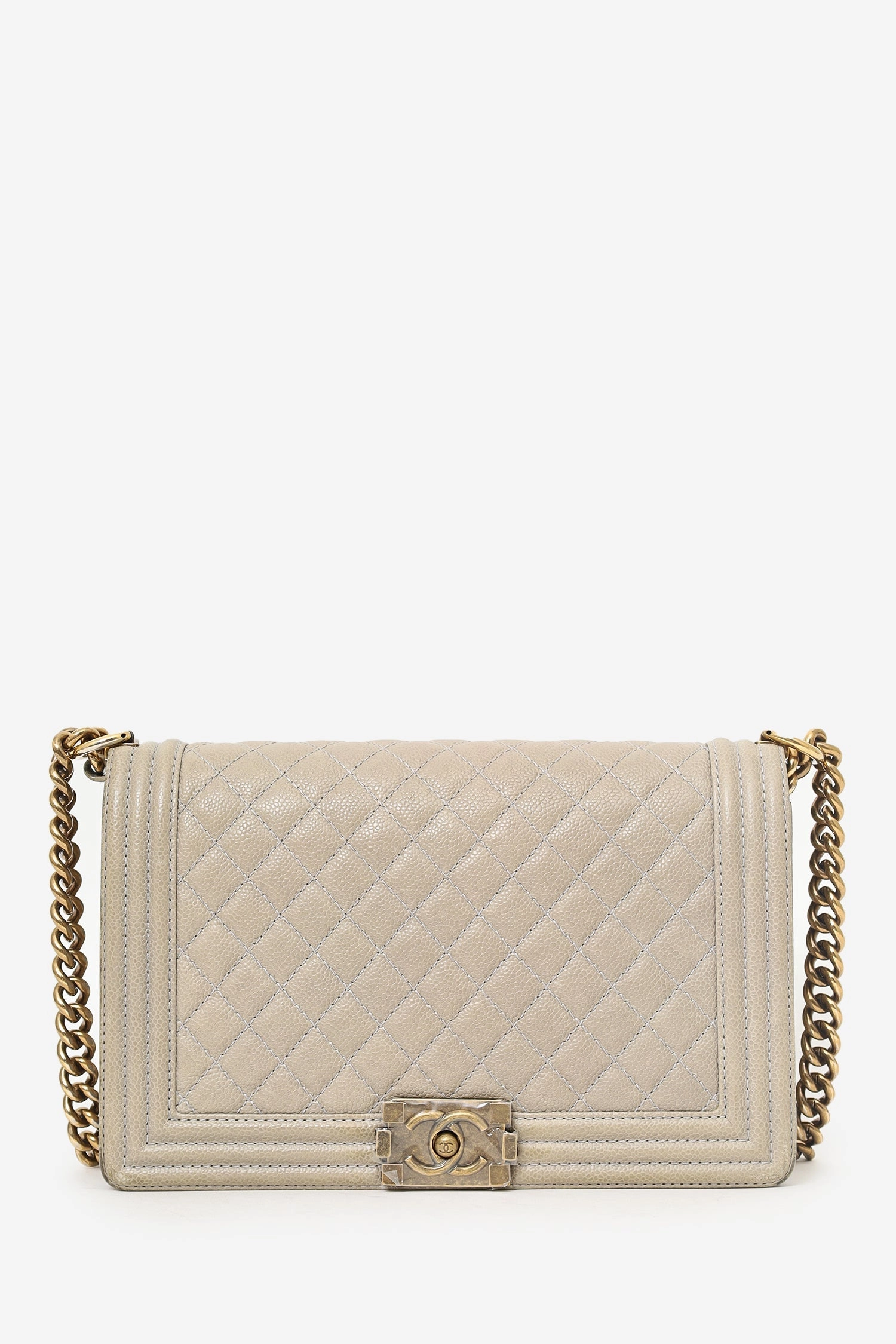 Pre-Loved Chanel 2014 Taupe Caviar Quilted New Medium Boy Flap Bag (As Is)