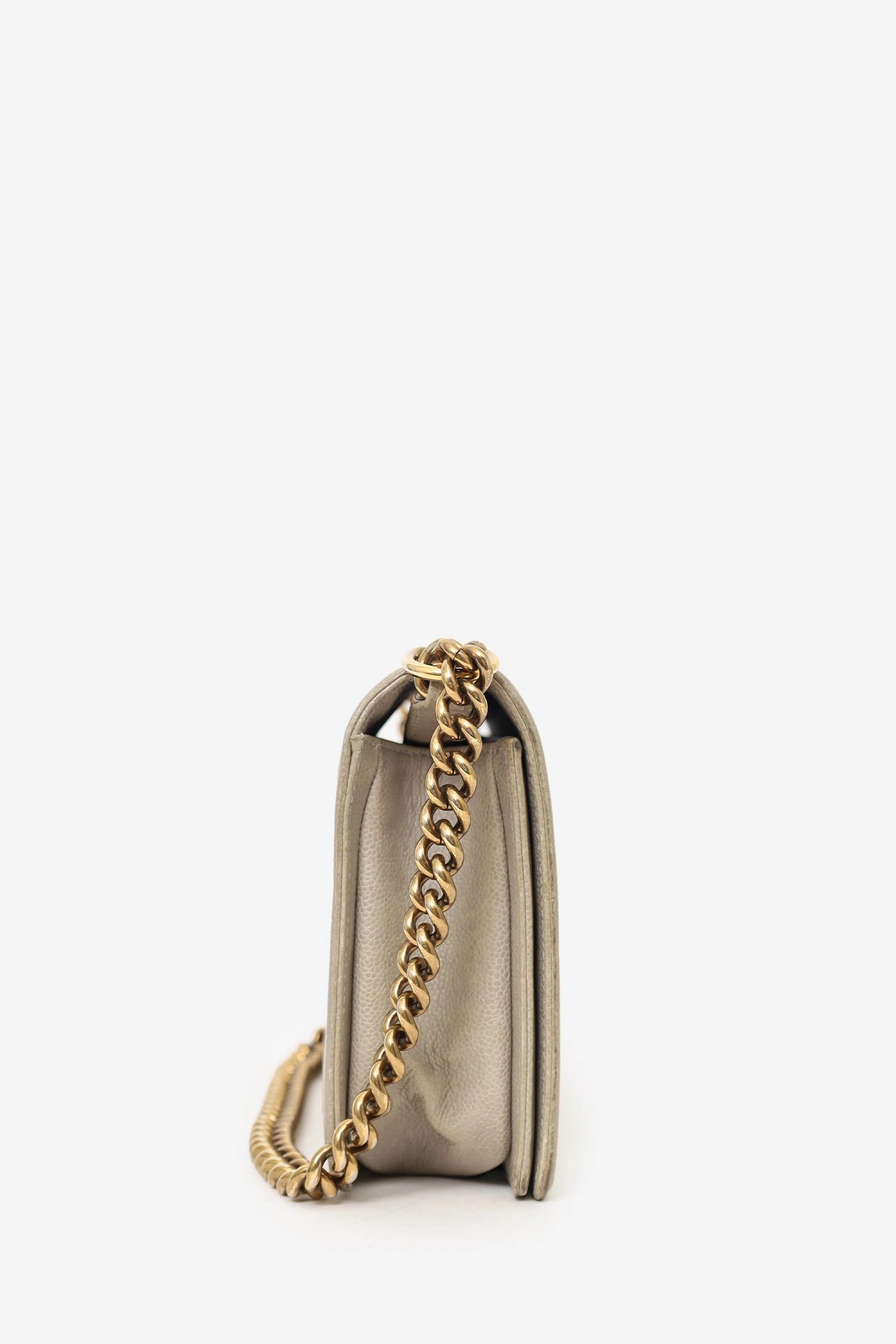 Pre-Loved Chanel 2014 Taupe Caviar Quilted New Medium Boy Flap Bag (As Is)