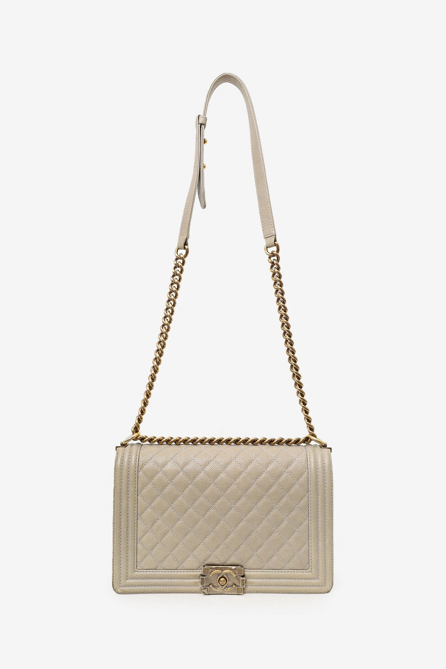 Pre-Loved Chanel 2014 Taupe Caviar Quilted New Medium Boy Flap Bag (As Is)