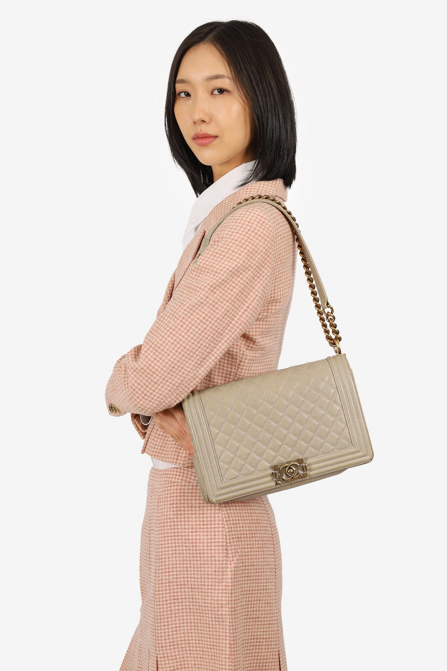 Pre-Loved Chanel 2014 Taupe Caviar Quilted New Medium Boy Flap Bag (As Is)