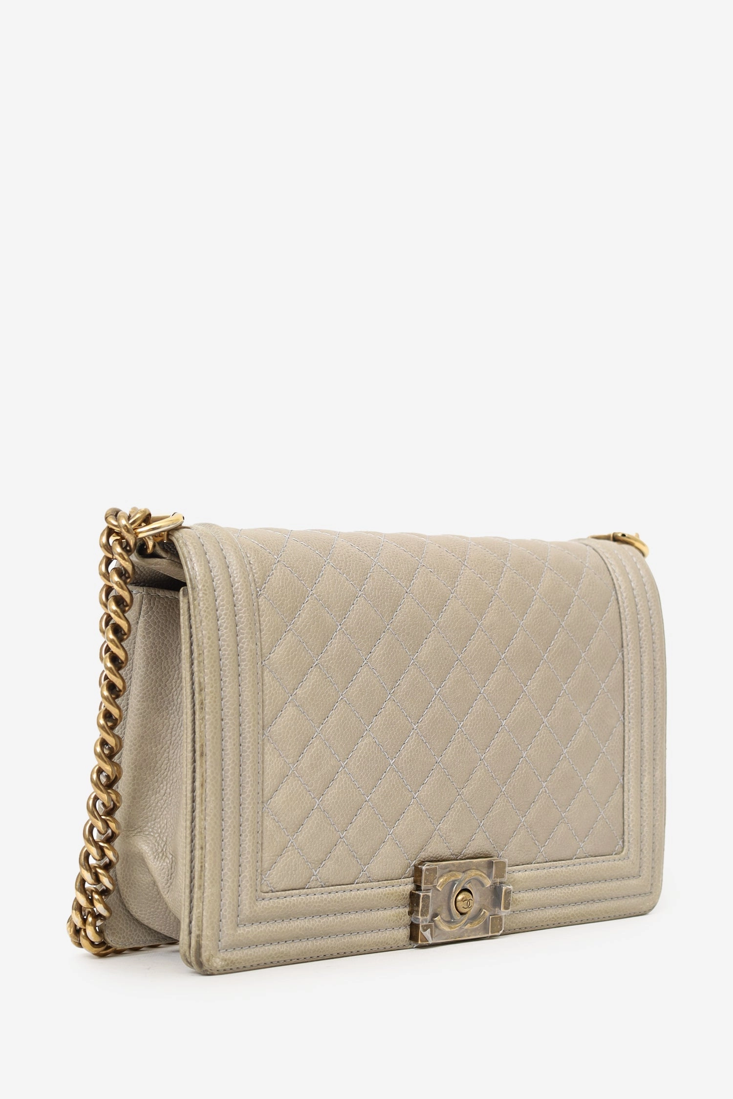 Pre-Loved Chanel 2014 Taupe Caviar Quilted New Medium Boy Flap Bag (As Is)