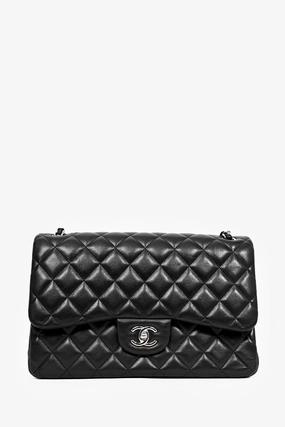 Pre-Loved Chanel 2015-16 Black Lambskin Leather Quilted Large Double Flap