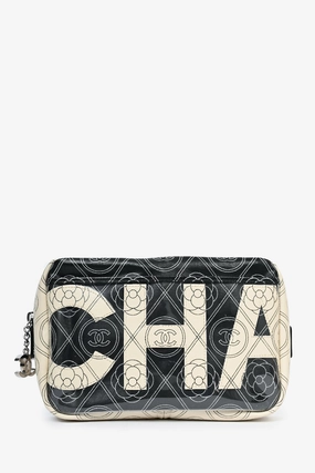 Pre-Loved Chanel 2017/18 Black/White Coated Canvas Camellia Logo Camera Bag with Strap
