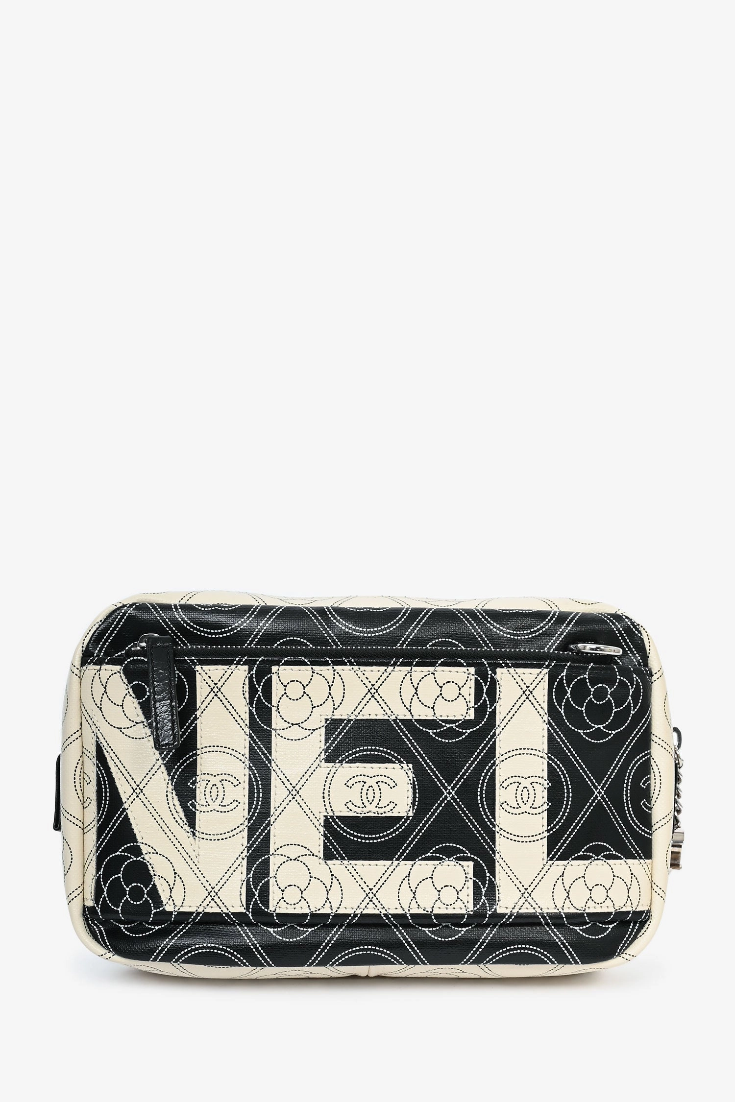 Pre-Loved Chanel 2017/18 Black/White Coated Canvas Camellia Logo Camera Bag with Strap