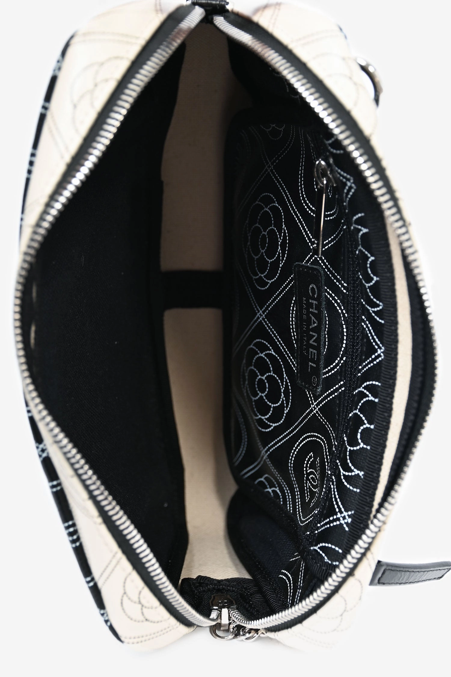 Pre-Loved Chanel 2017/18 Black/White Coated Canvas Camellia Logo Camera Bag with Strap