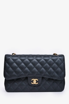 Pre-Loved Chanel 2019 Black Caviar Leather Jumbo Double Flap Should Bag