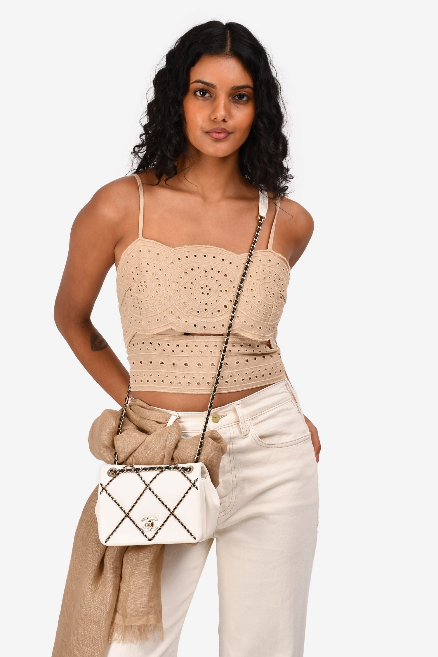 Pre-Loved Chanel 2021 Cream Leather Small 'Entwined' Chain Quilted Mini Flap