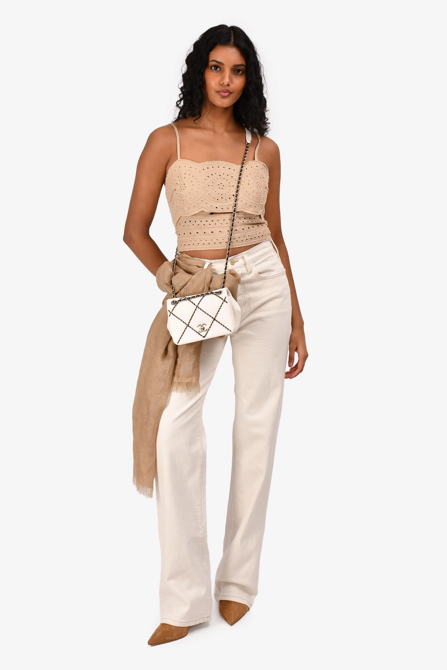 Pre-Loved Chanel 2021 Cream Leather Small 'Entwined' Chain Quilted Mini Flap