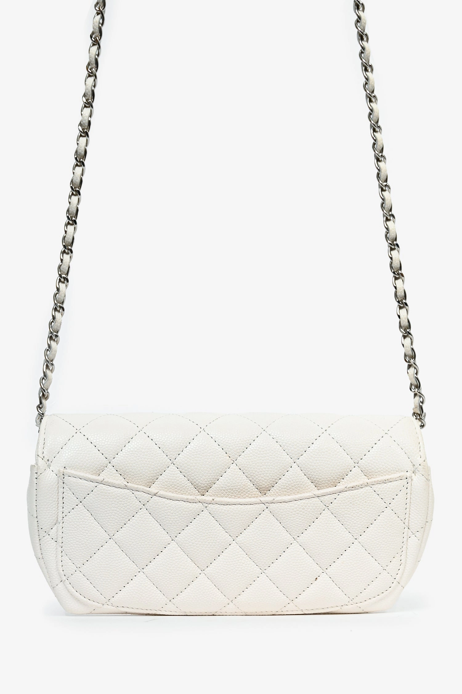 Pre-Loved Chanel 2021 White Caviar Leather Sunglass Case with Chain SHW