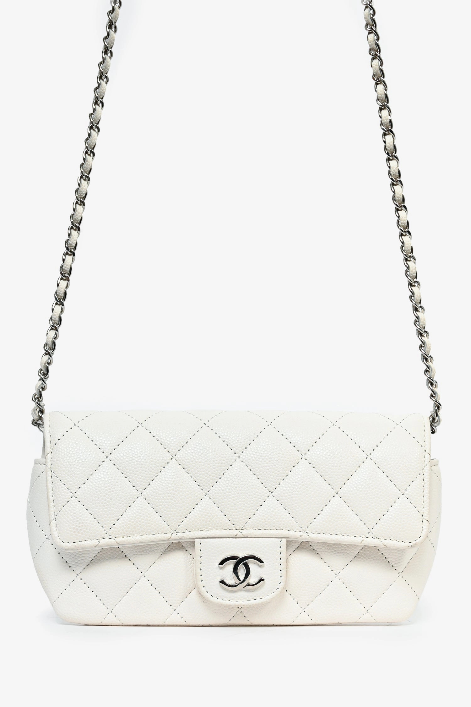 Pre-Loved Chanel 2021 White Caviar Leather Sunglass Case with Chain SHW