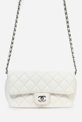 Pre-Loved Chanel 2021 White Caviar Leather Sunglass Case with Chain SHW