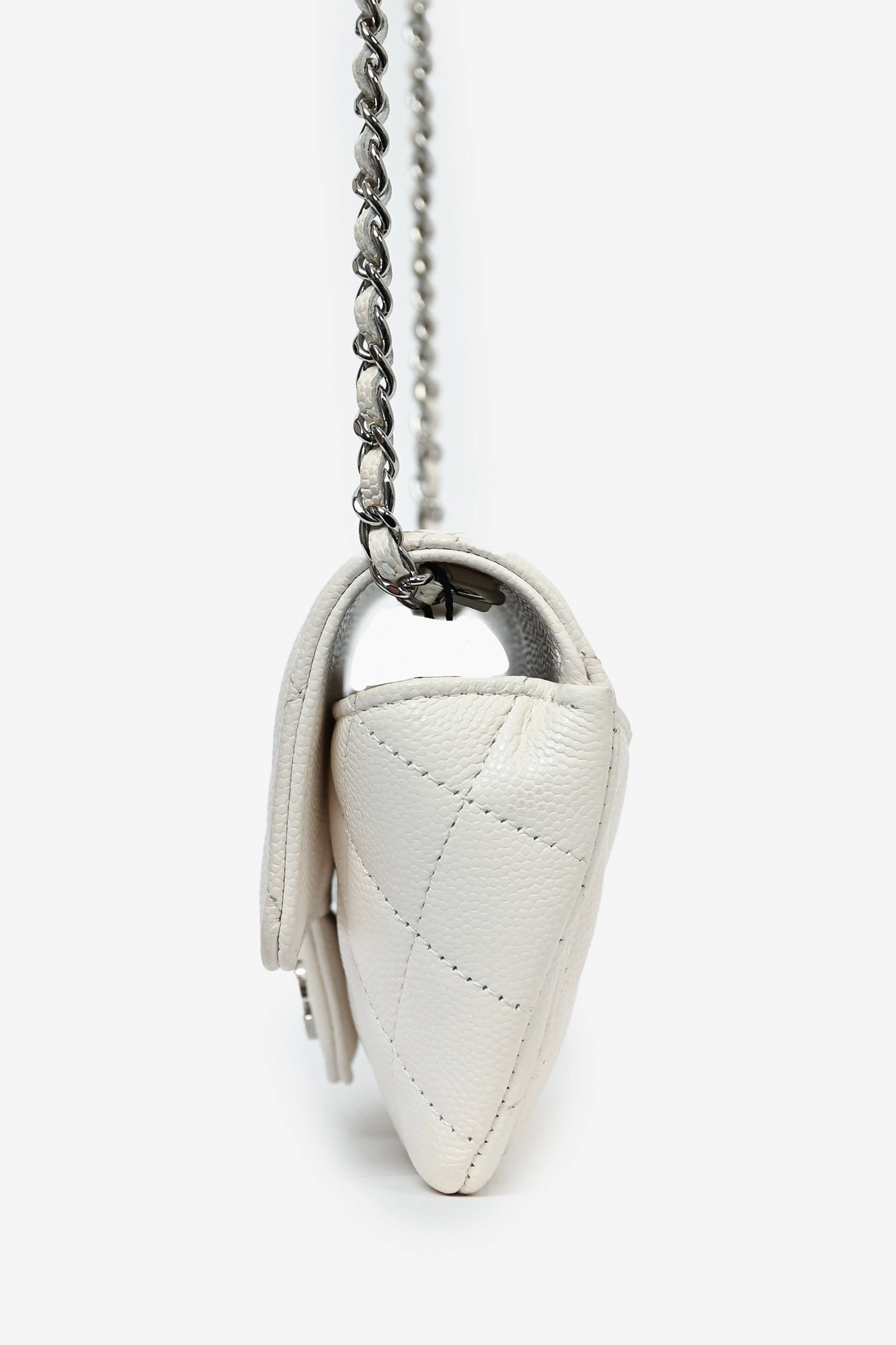 Pre-Loved Chanel 2021 White Caviar Leather Sunglass Case with Chain SHW