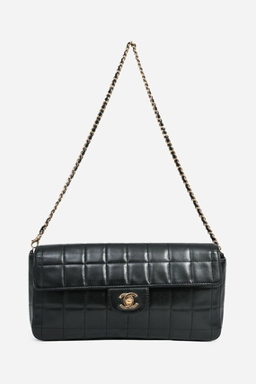 Pre-Loved Chanel Black Lambskin Chocolate Bar East West Flap Bag