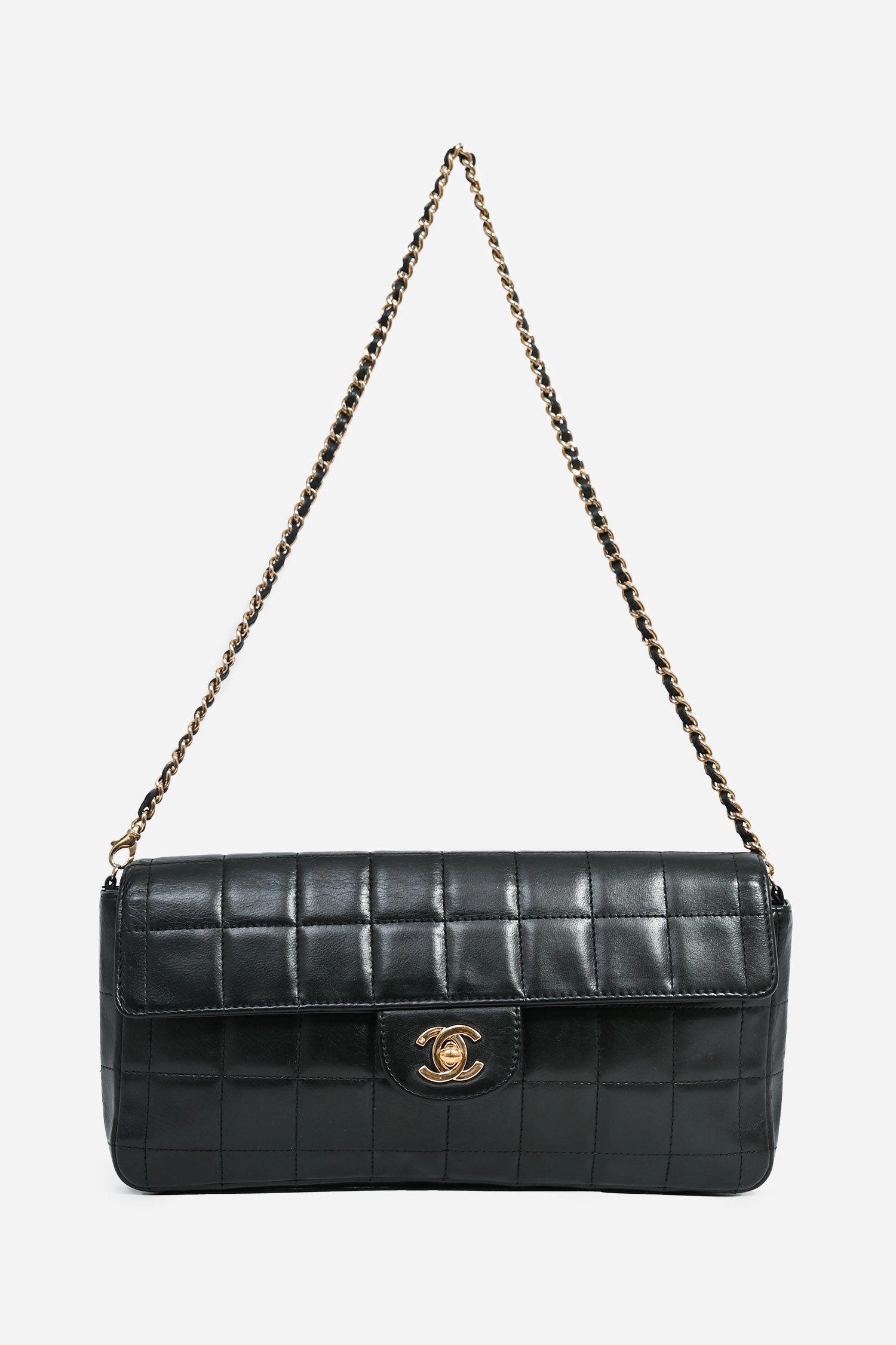 Pre-Loved Chanel Black Lambskin Chocolate Bar East West Flap Bag