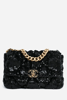 Pre-Loved Chanel Black Sequin Tweed Large 19 Flap Bag