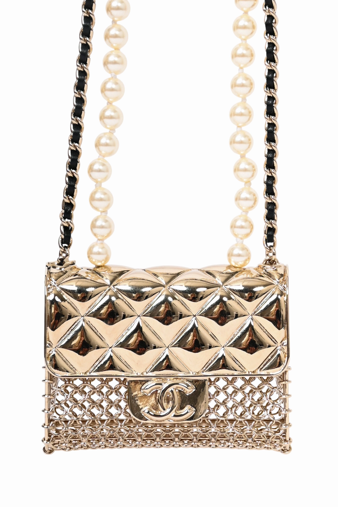 Pre-Loved Chanel Gold Tone Pearl/Chain 'CC' Flap Bag Necklace