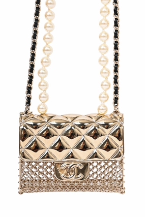Pre-Loved Chanel Gold Tone Pearl/Chain 'CC' Flap Bag Necklace