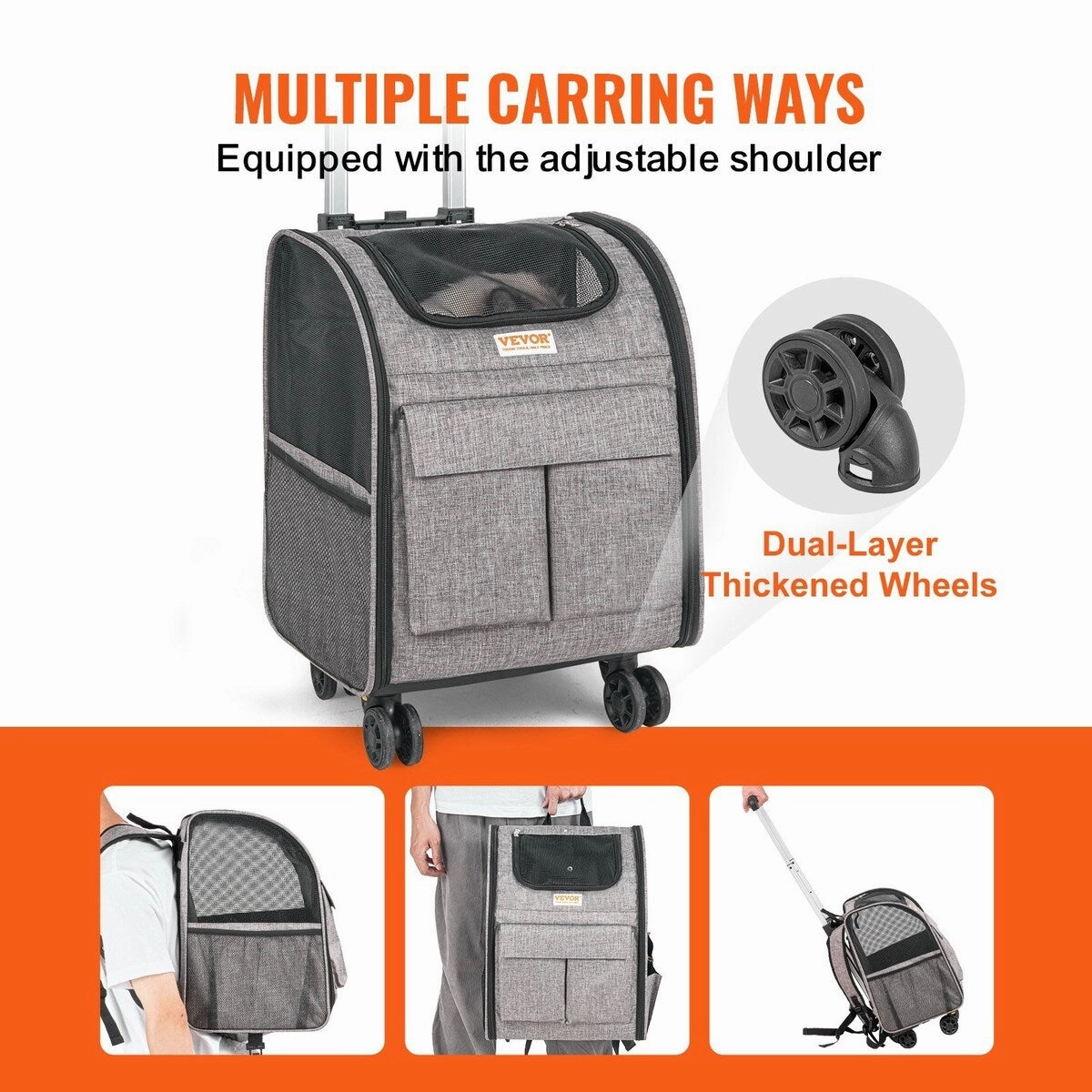 Rolling Pet Carrier with Telescopic Handle and Shoulder Strap,Dog Carrier with Wheels for Pets under 18 lbs,with 1 Folding Bowl