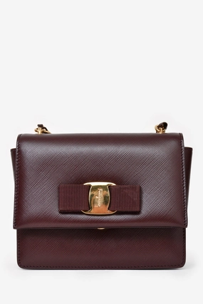 Salvatore Ferragamo Burgundy Leather Vara Bow Crossbody