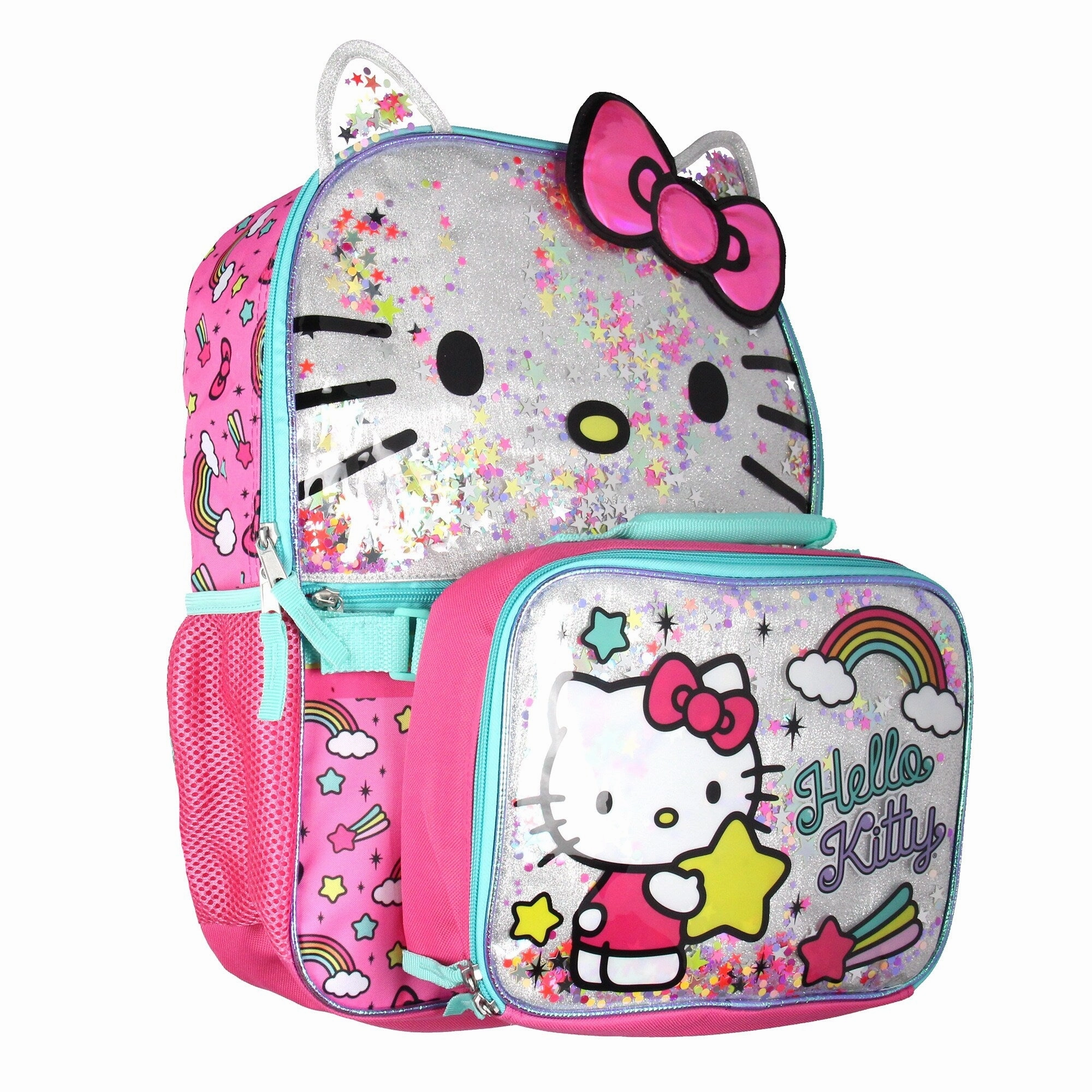 Sanrio Hello Kitty Glitter 2 Piece School Travel Backpack Set For Girls With Detachable Insulated Lunch Box