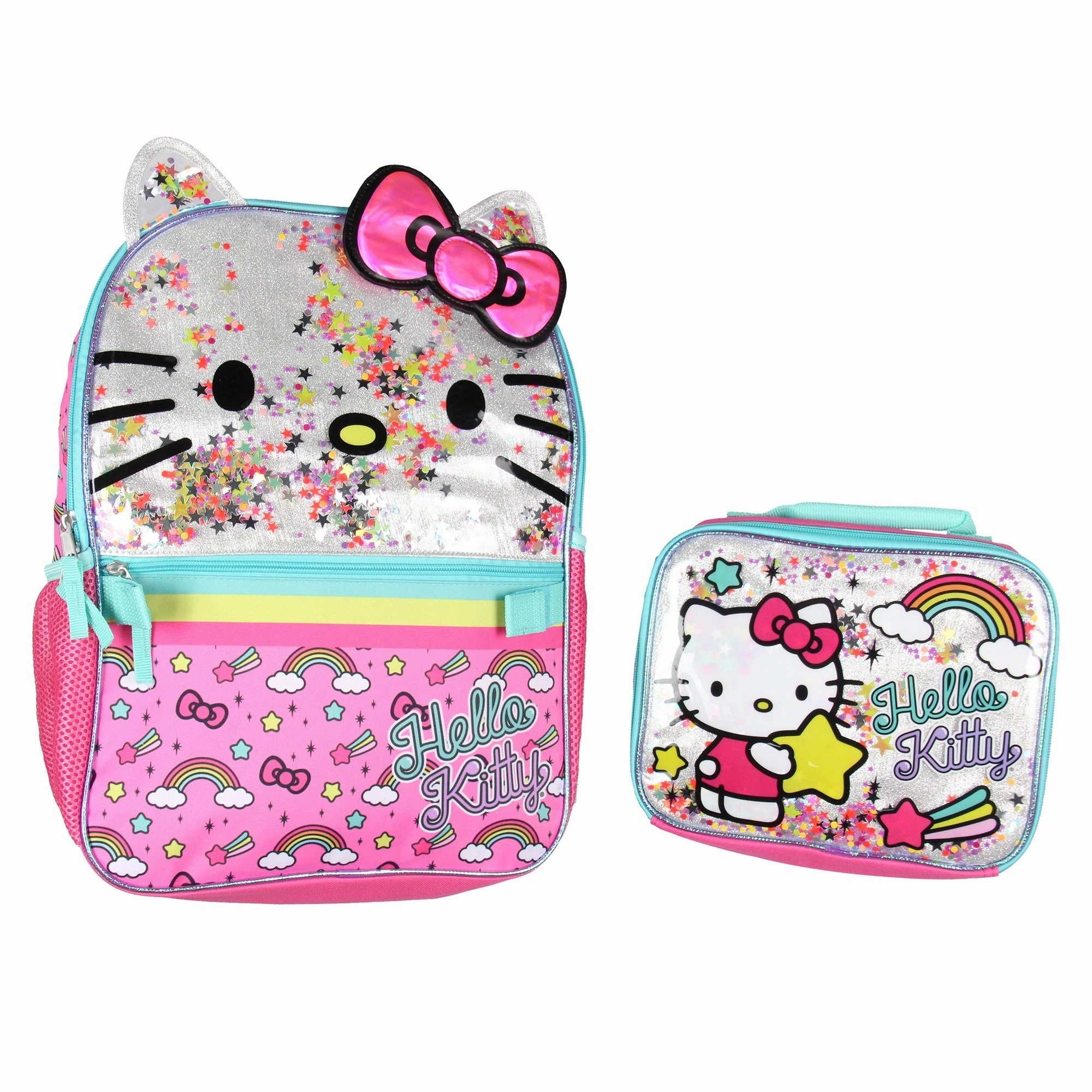 Sanrio Hello Kitty Glitter 2 Piece School Travel Backpack Set For Girls With Detachable Insulated Lunch Box