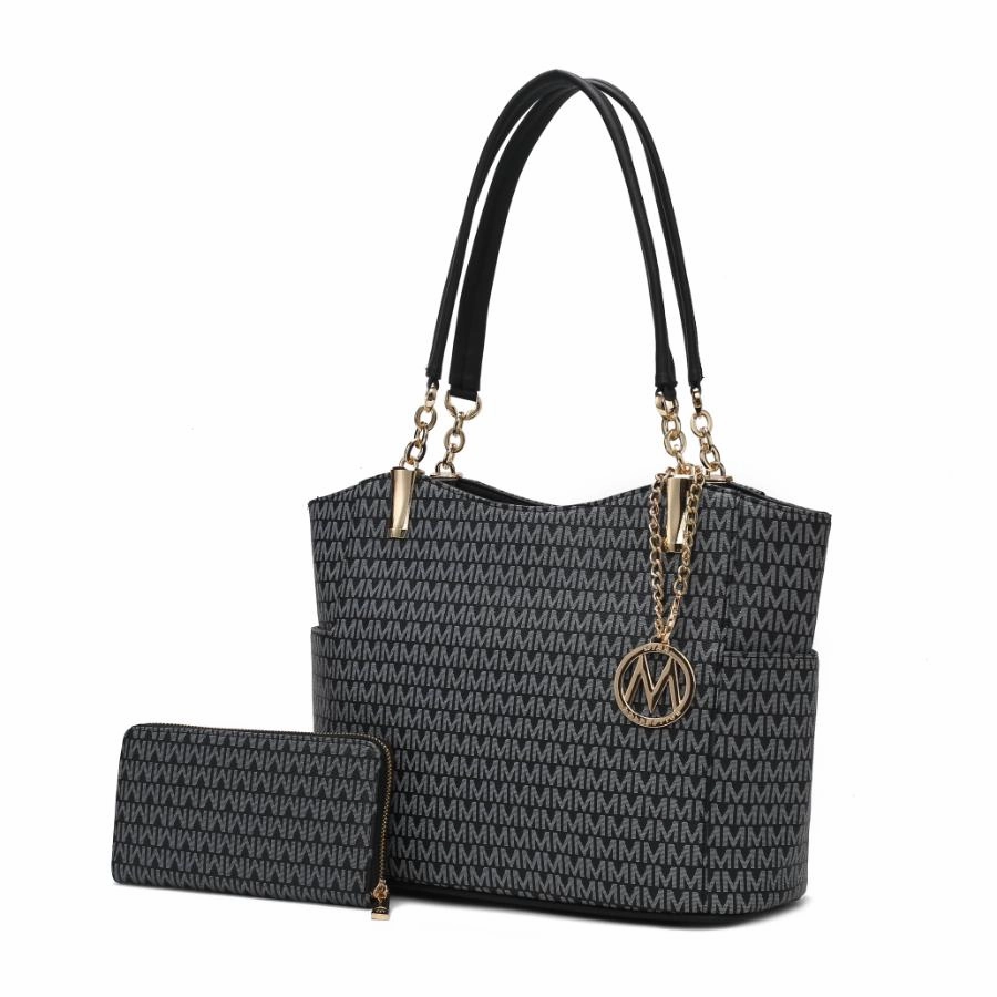 Savannah M Logo Printed Vegan Leather Womens Tote and Wristlet Wallet - 2 pieces