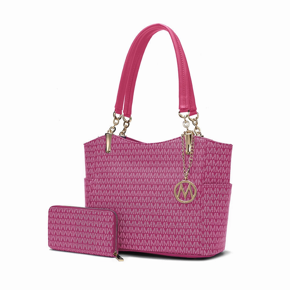 Savannah M Logo Printed Vegan Leather Womens Tote and Wristlet Wallet - 2 pieces