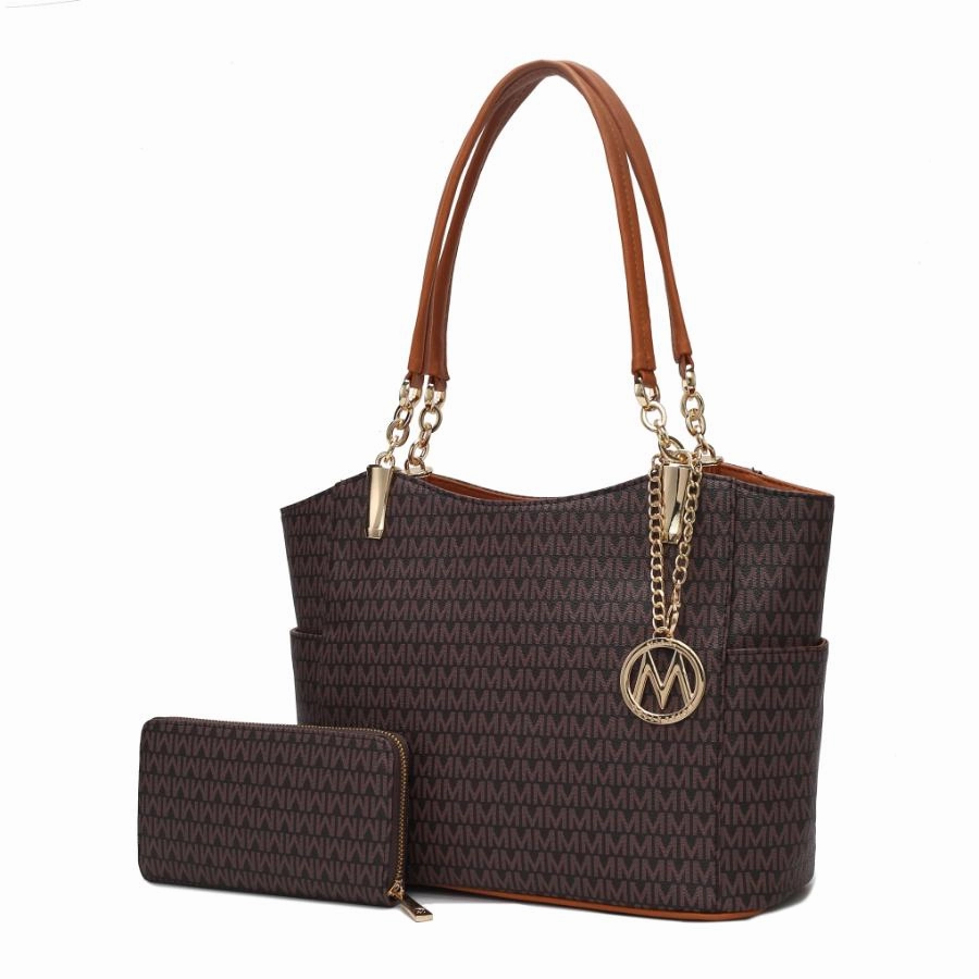 Savannah M Logo Printed Vegan Leather Womens Tote and Wristlet Wallet - 2 pieces