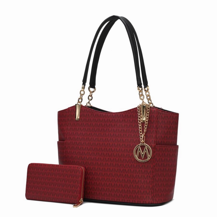 Savannah M Logo Printed Vegan Leather Womens Tote and Wristlet Wallet - 2 pieces