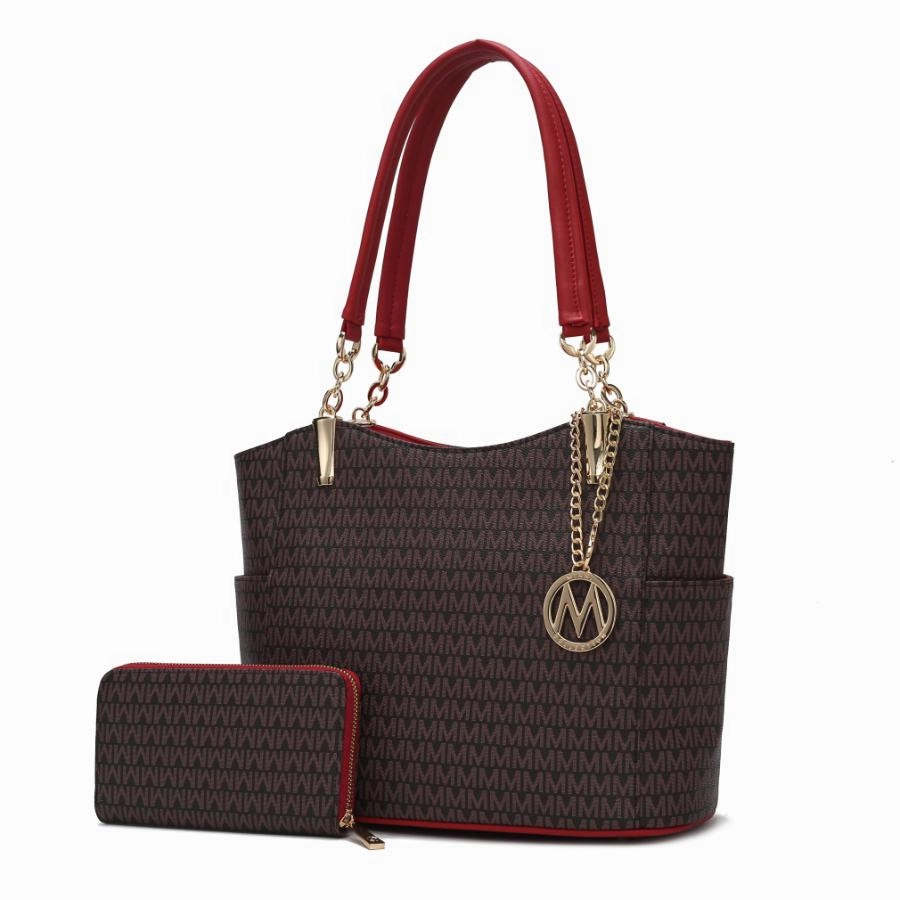 Savannah M Logo Printed Vegan Leather Womens Tote and Wristlet Wallet - 2 pieces