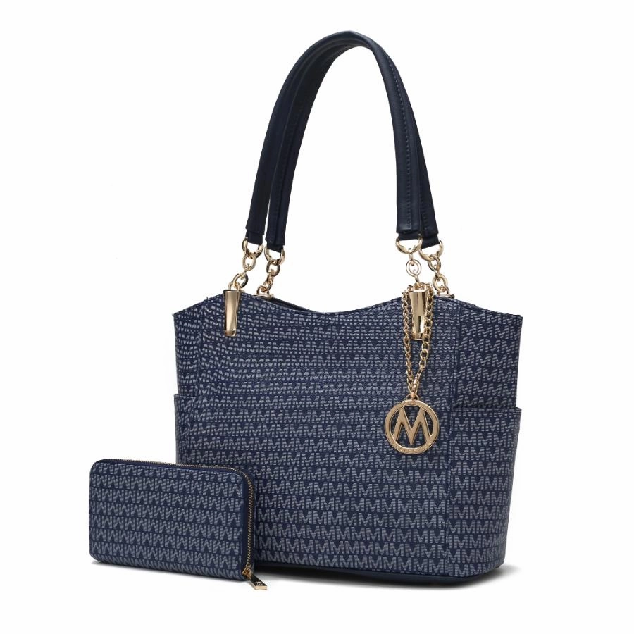 Savannah M Logo Printed Vegan Leather Womens Tote and Wristlet Wallet - 2 pieces