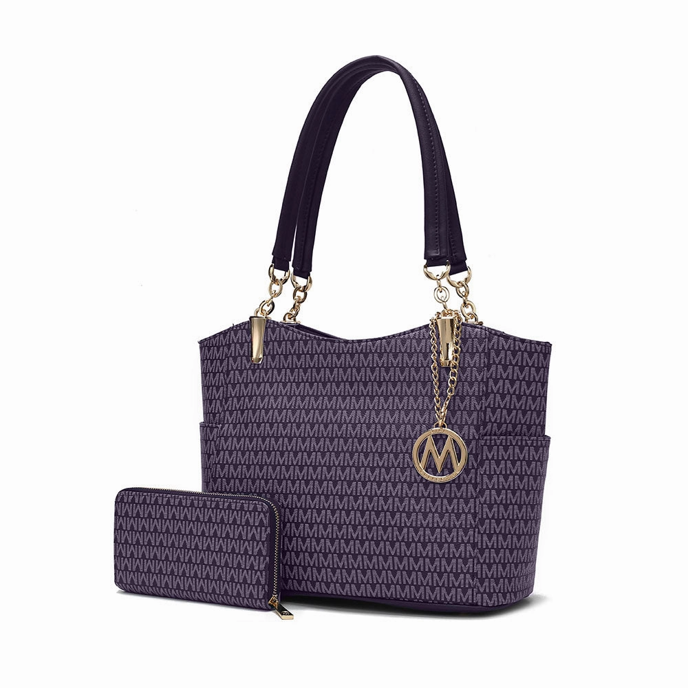 Savannah M Logo Printed Vegan Leather Womens Tote and Wristlet Wallet - 2 pieces