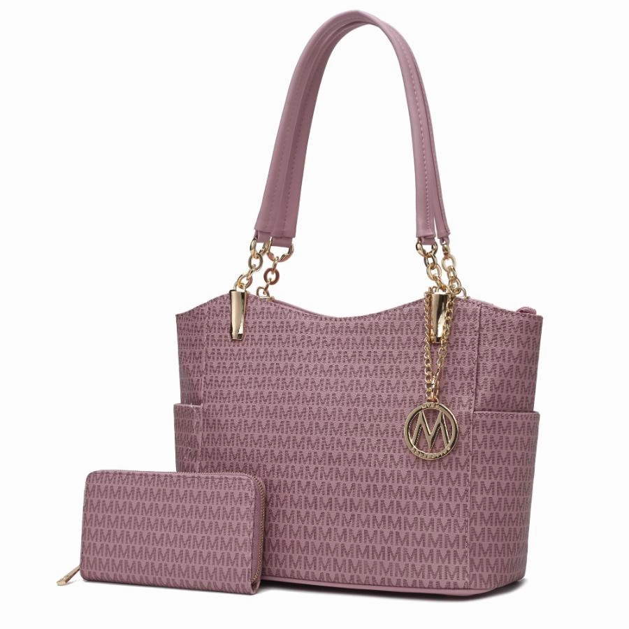 Savannah M Logo Printed Vegan Leather Womens Tote and Wristlet Wallet - 2 pieces