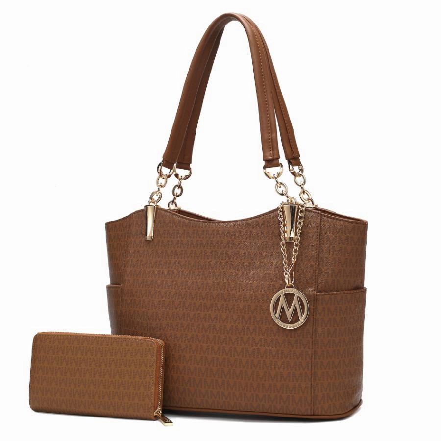 Savannah M Logo Printed Vegan Leather Womens Tote and Wristlet Wallet - 2 pieces