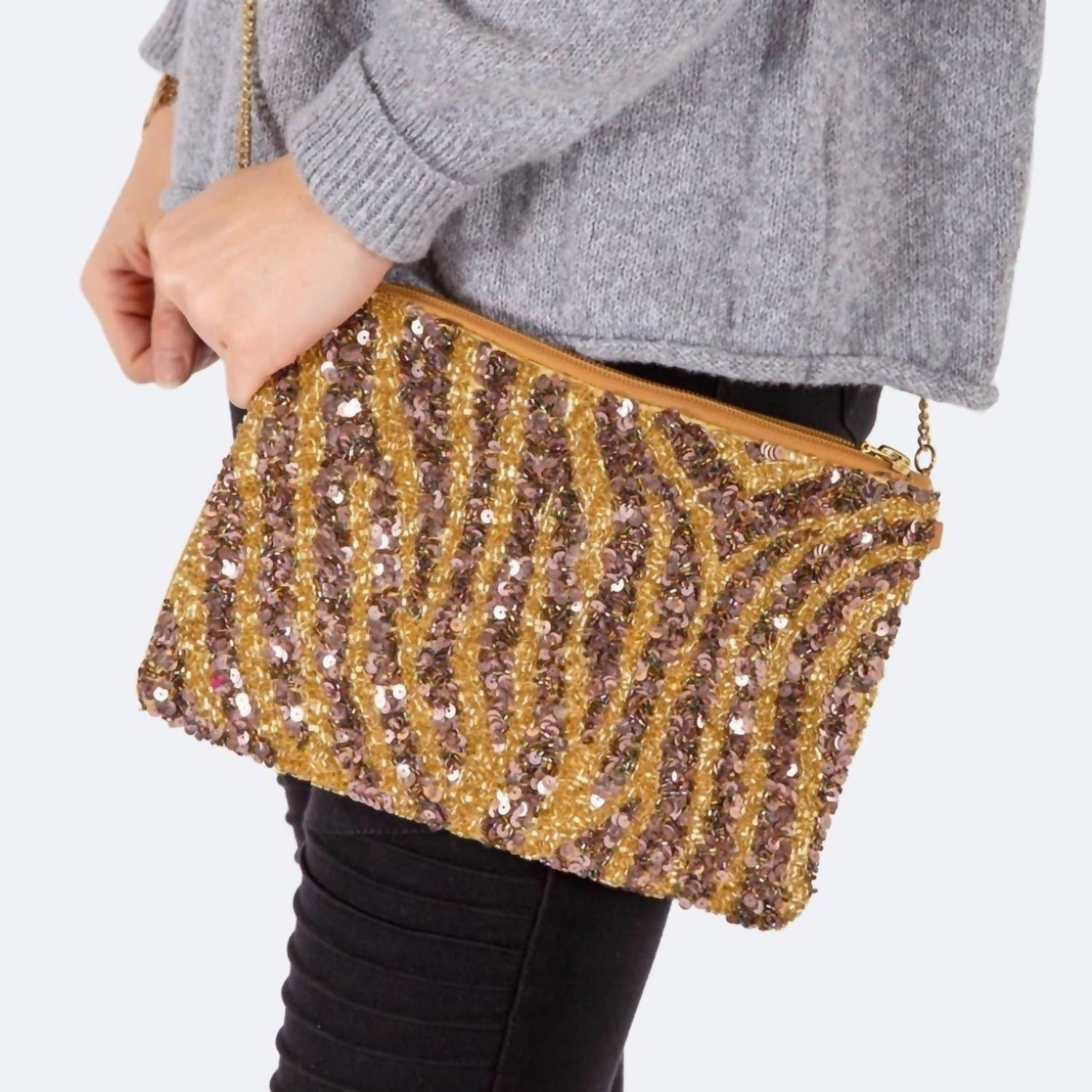 Seed Bead & Sequin Zebra Print Purse In Gold