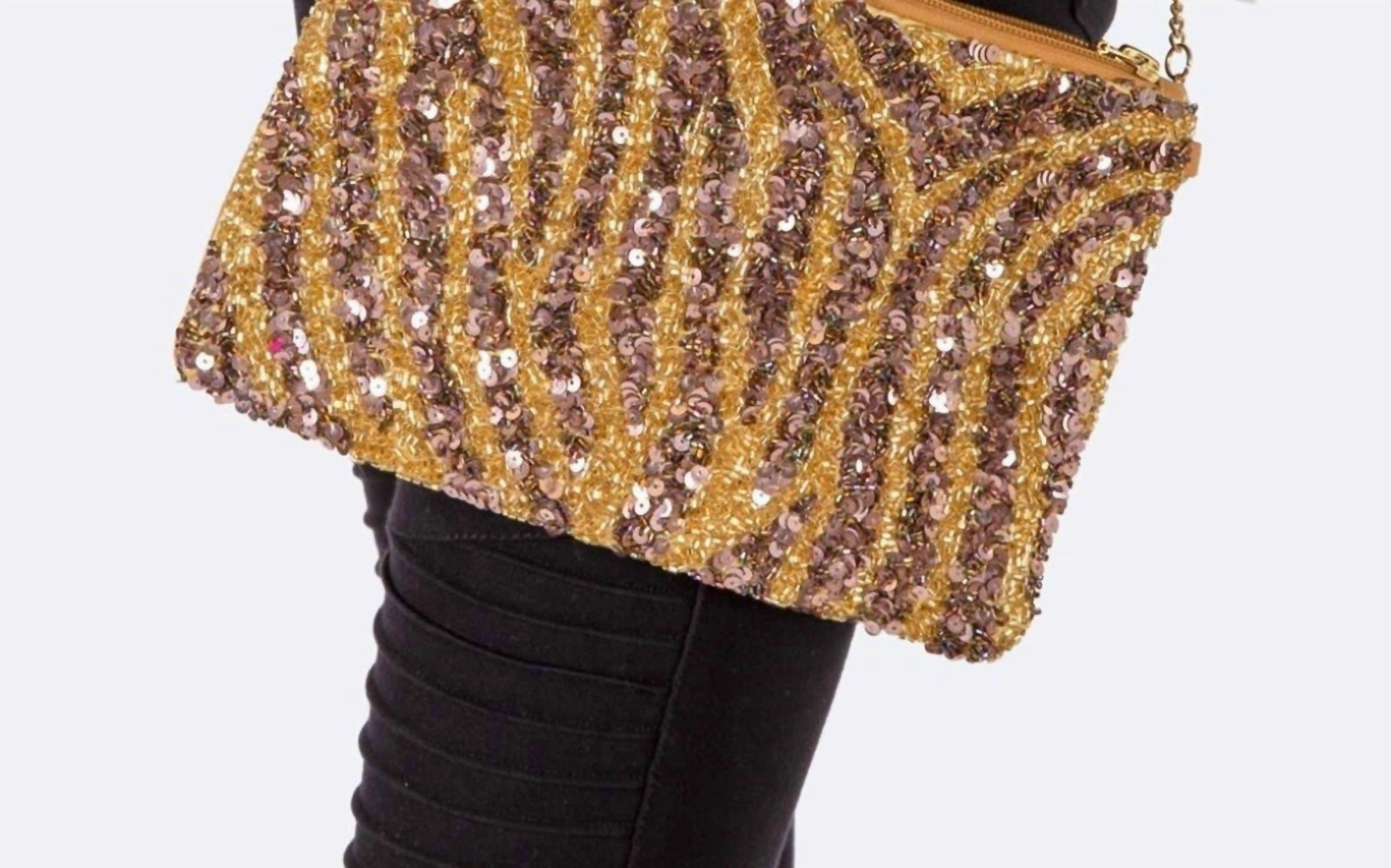 Seed Bead & Sequin Zebra Print Purse In Gold