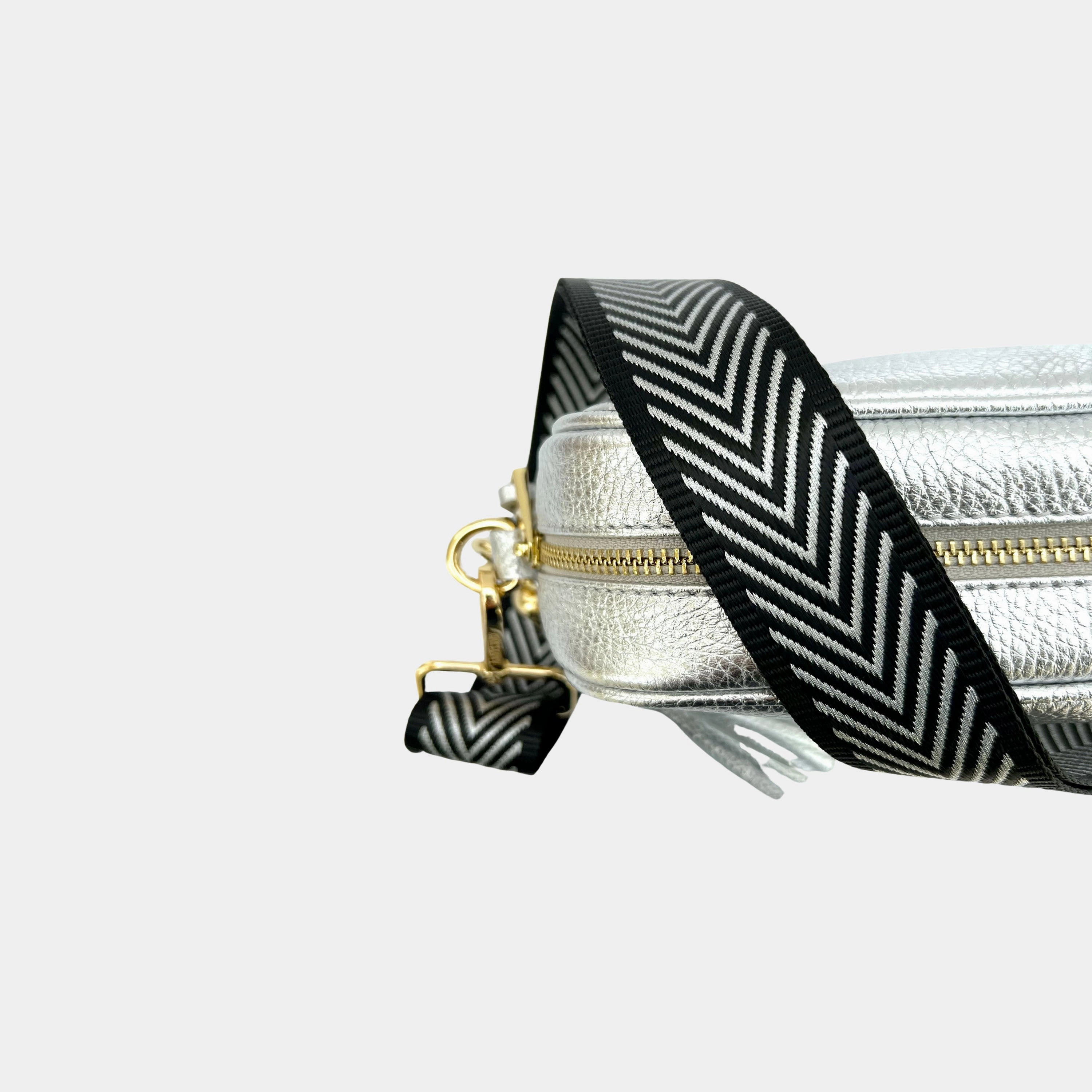 Silver Leather Crossbody Bag With Black & Silver Chevron Strap