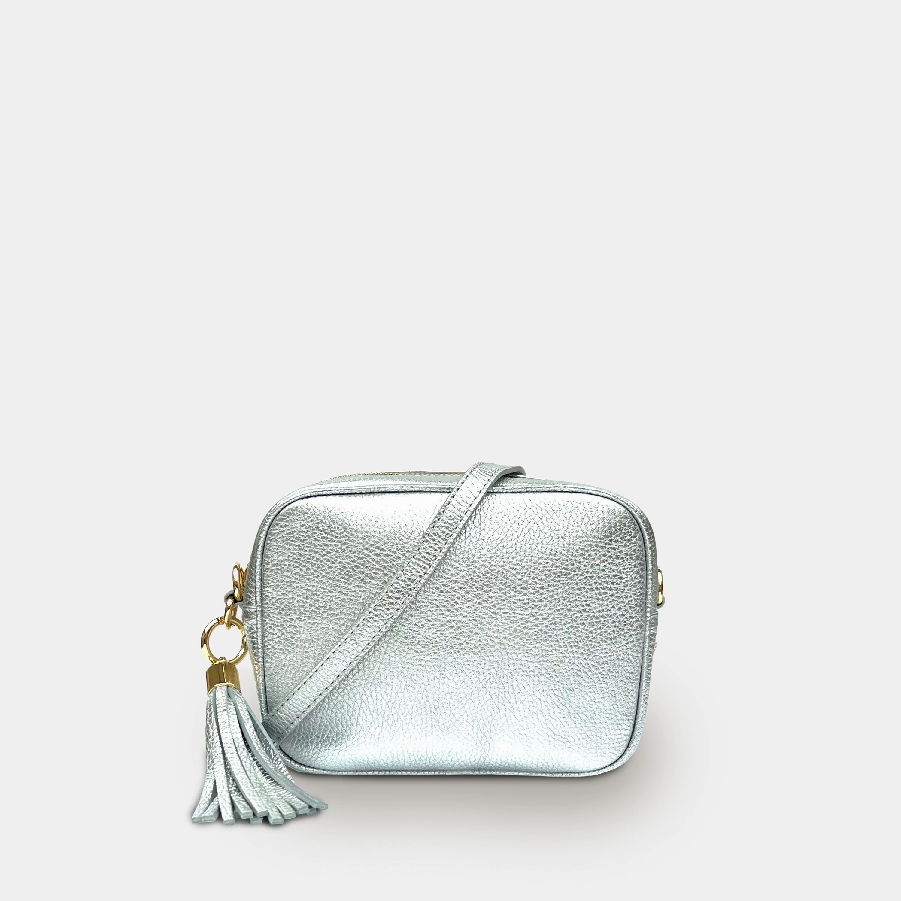 Silver Leather Crossbody Bag With Black & Silver Chevron Strap