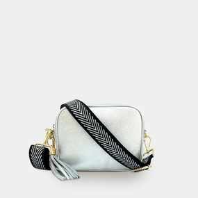 Silver Leather Crossbody Bag With Black & Silver Chevron Strap
