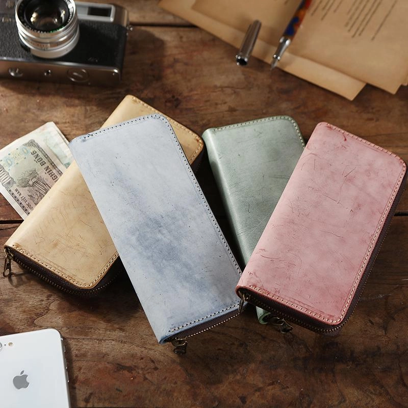 Simple Handmade Mens Red Long Wallet Blue Bifold Long Card Wallet Clutch Zipper Wallet For Men