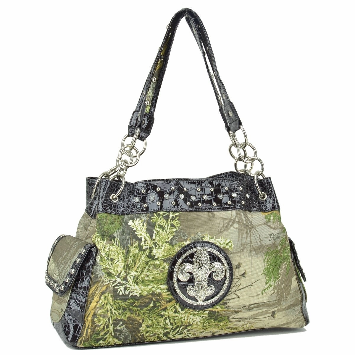 Studded Hobo Bag Shoulder Tote Women Camouflage Croc Trim Zippered Pockets 16in W