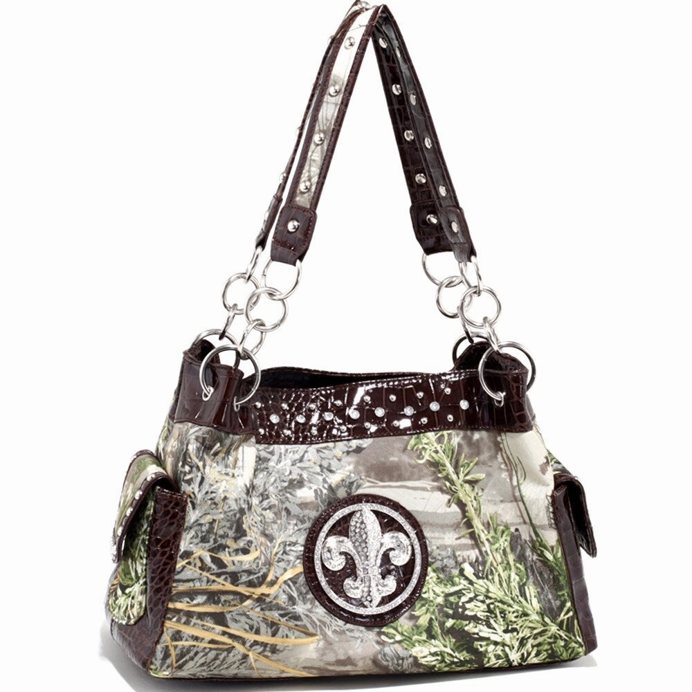 Studded Hobo Bag Shoulder Tote Women Camouflage Croc Trim Zippered Pockets 16in W