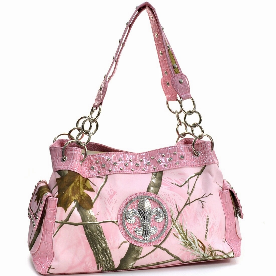 Studded Hobo Bag Shoulder Tote Women Camouflage Croc Trim Zippered Pockets 16in W
