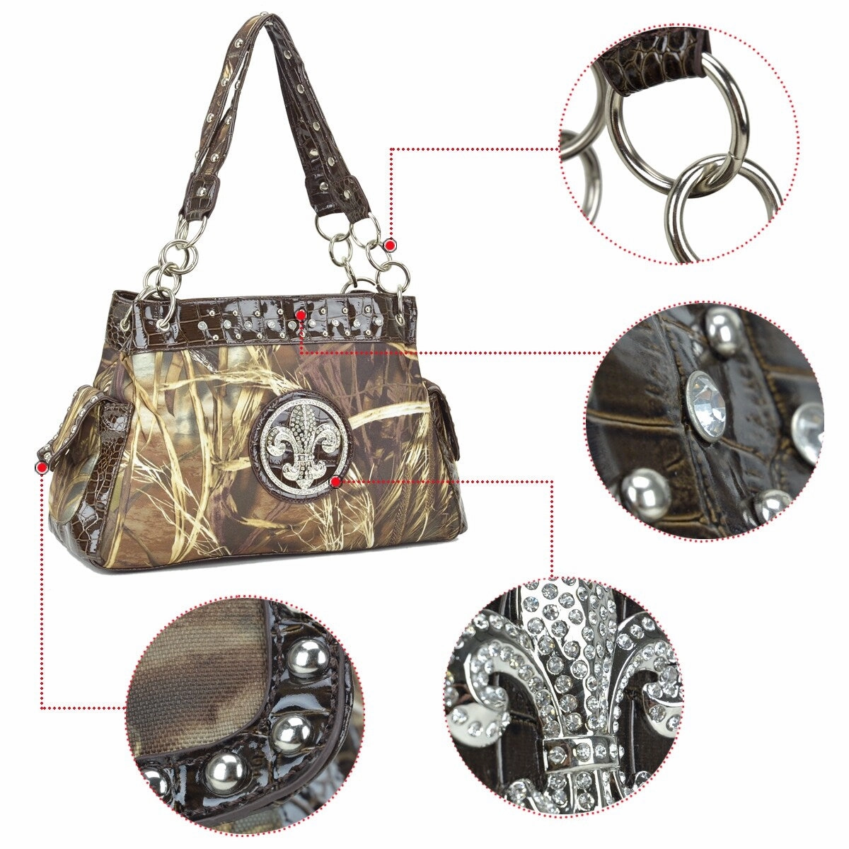 Studded Hobo Bag Shoulder Tote Women Camouflage Croc Trim Zippered Pockets 16in W