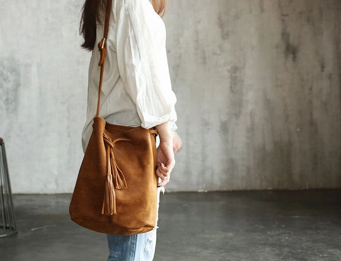 Stylish LEATHER WOMENs Bucket Crossbody Purse Barrel SHOULDER BAG FOR WOMEN