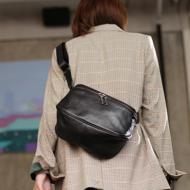 Stylish Womens Black Leather Small Satchel Shoulder Bag Zipper Square Crossbody Bag