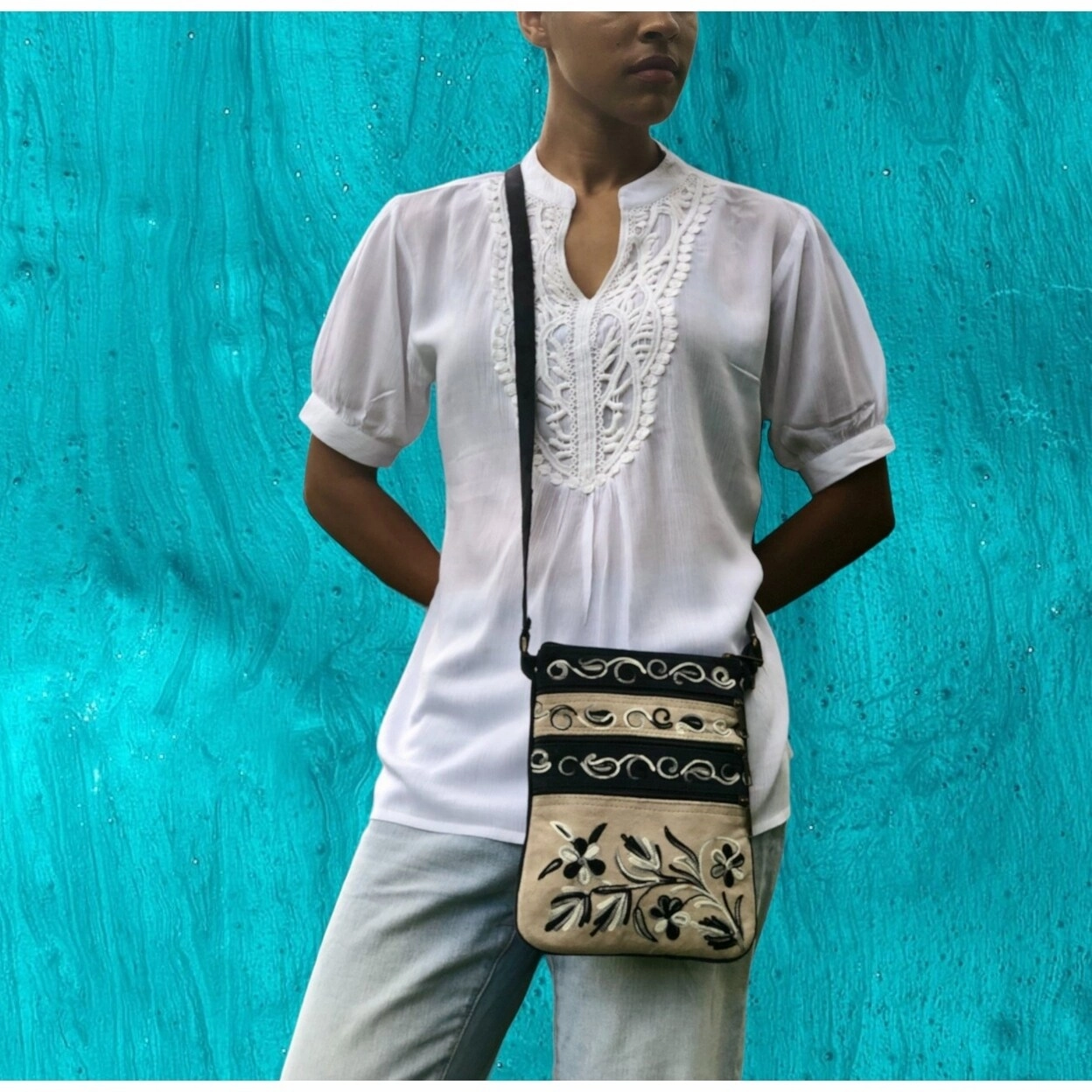 Suede Embroidered Gray And Navy Five Zipper Cross Body Bag